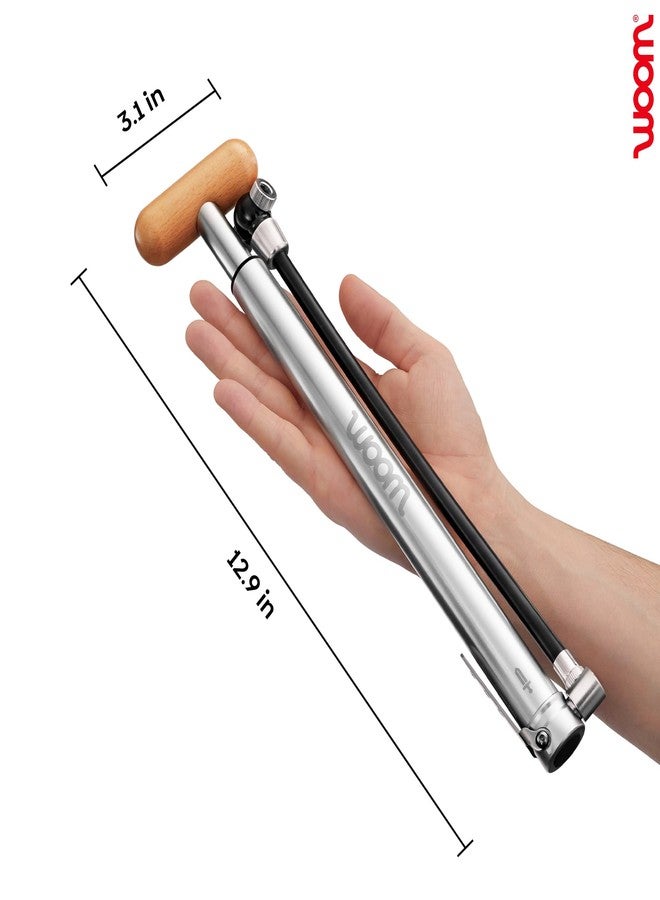 woom Airflo Small Bike Pump for Presta, Dunlop and Schrader Valves, Screw Thread, Mini Air Pump, Aluminium, Wooden Handle, Silver - Image 3