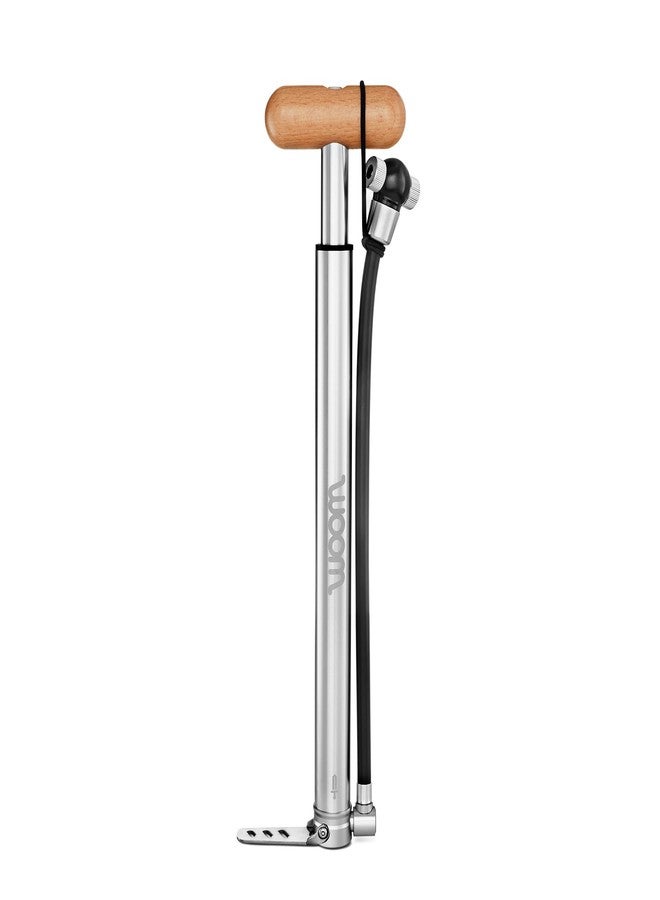 woom Airflo Small Bike Pump for Presta, Dunlop and Schrader Valves, Screw Thread, Mini Air Pump, Aluminium, Wooden Handle, Silver - Image 4
