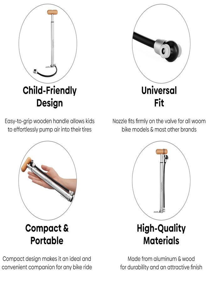 woom Airflo Small Bike Pump for Presta, Dunlop and Schrader Valves, Screw Thread, Mini Air Pump, Aluminium, Wooden Handle, Silver - Image 2
