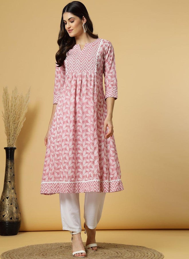 LARGISH Floral Printed Round Neck Three-Quarter Sleeves Regular Pure Cotton A-Line Kurta - Image 1