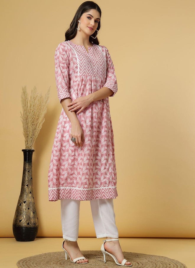 LARGISH Floral Printed Round Neck Three-Quarter Sleeves Regular Pure Cotton A-Line Kurta - Image 3
