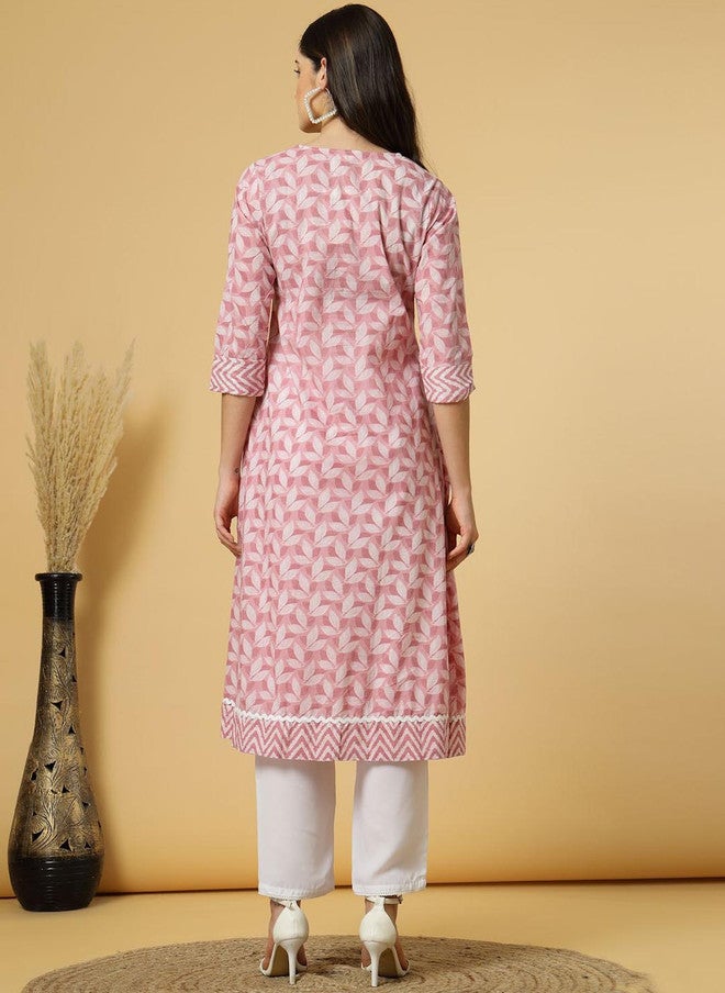 LARGISH Floral Printed Round Neck Three-Quarter Sleeves Regular Pure Cotton A-Line Kurta - Image 5