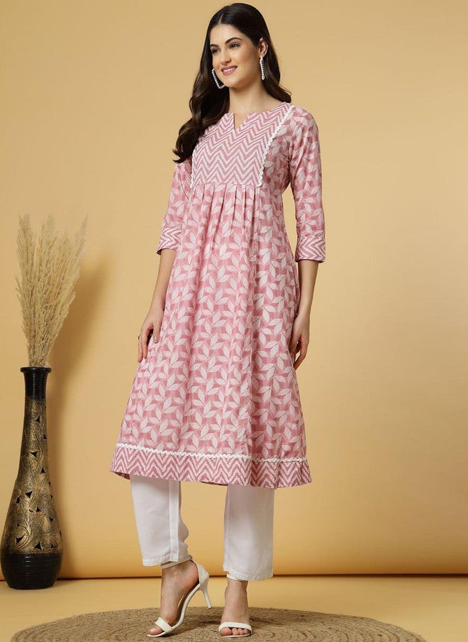 LARGISH Floral Printed Round Neck Three-Quarter Sleeves Regular Pure Cotton A-Line Kurta - Image 4