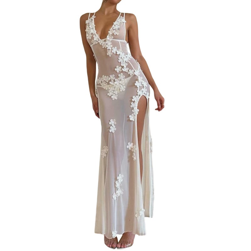 Passec Sexy See Through Sheer Lace Maxi Dress Floral Lace Patchwork Backless Bodycon Long Dresses Beach Vacation Party Wear (Floral High Slit White, L) - Image 1