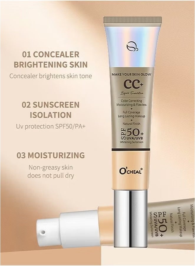 OCHEAL CC Cream, Full Coverage Foundation With SPF 50+ Whitening Sunscreen, CC Cream Foundation Anti-Redness, Colour Correcting And Brightening Face Cream, Skin Tone Adjusting CC Cream, Natural - Image 4