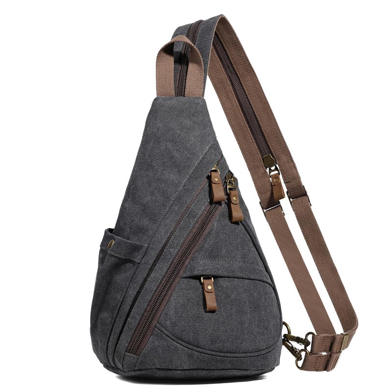 KL928 Canvas Sling Bag - Small Crossbody Backpack Shoulder Casual Daypack Rucksack for Men Women(Large Version,Black) - Image 1
