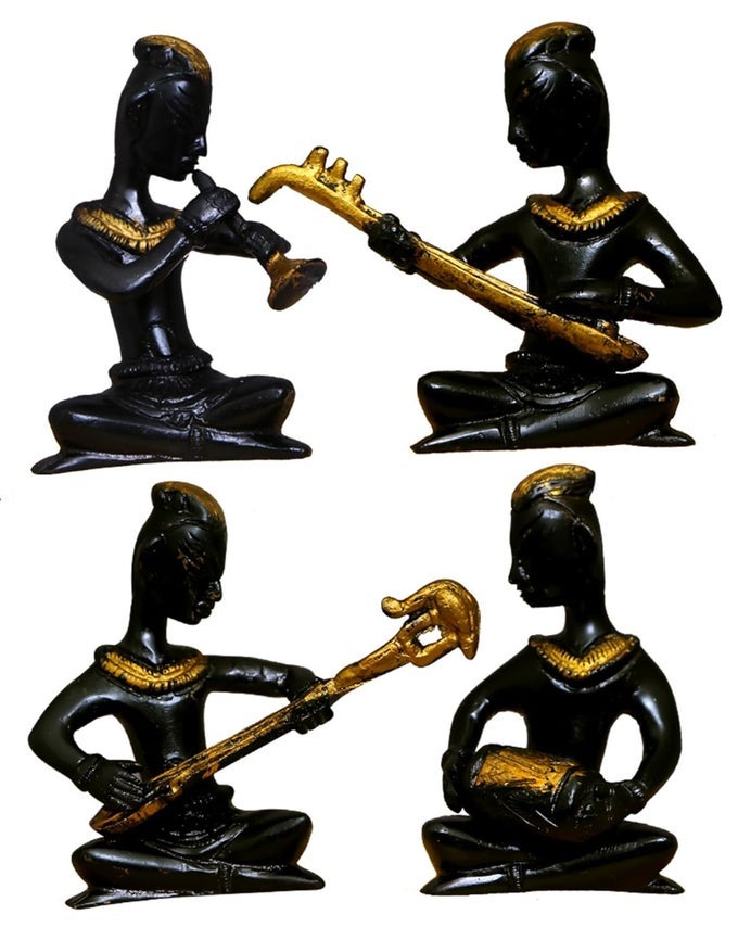 Brass Music Set/Musician Figurine and Statue/Idol Sculptures-Stunning Set of 4 Lady Musicians, Dimensions (LxBxH-2.5x1.5x4) inches, Weight - 1.5 kg