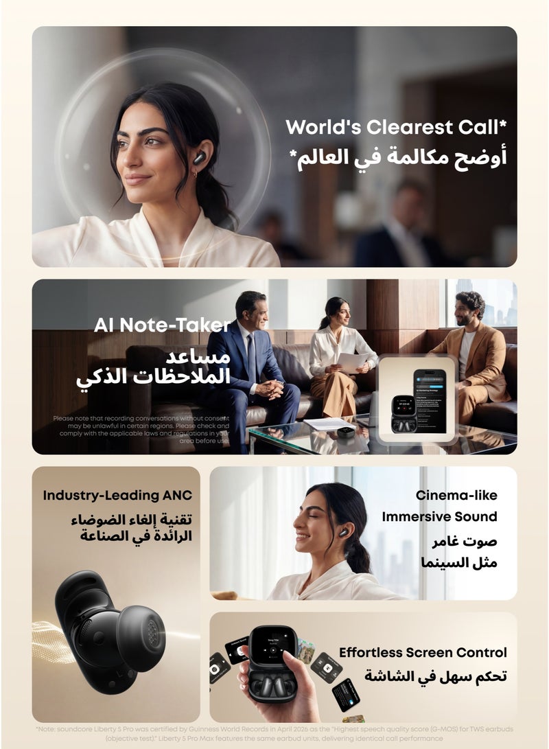 Soundcore Anker soundcore Liberty 5 Pro Max, AI Note-Taker, Whisper-Clear Calls, Noise Cancelling Wireless Earbuds, 1.78" AMOLED Display, 5 Mins Charge = 4 Hrs Playtime,  AI Meeting Transcription for Business Midnight Black - Image 2