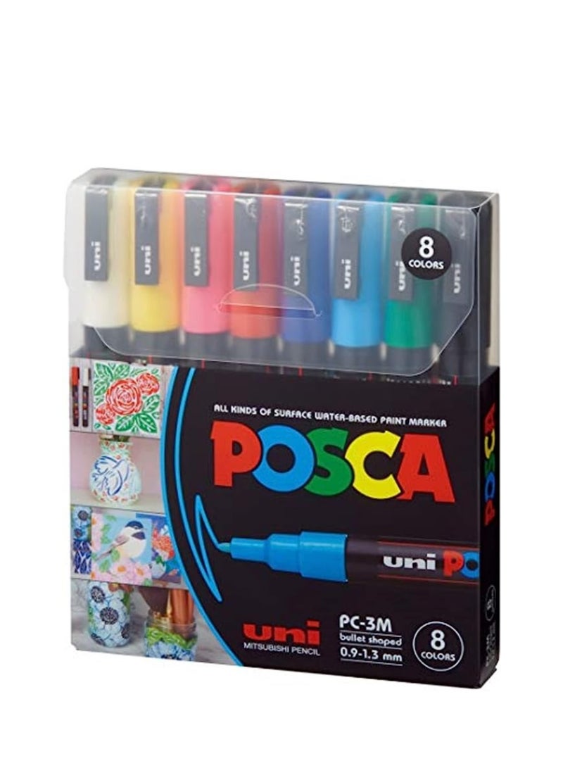 POSCA قلم ماركر بوسكا - PC-3M دقيق جداً 0.9-1.3 مم، 8 ألوان - Image 1