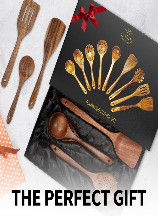 Zulay Kitchen 9-Piece Teak Wooden Utensils for Cooking - Natural Teak Utensil Set with Premium Gift Box - Non-Stick Wooden Spoons for Cooking - Kitchen Gift Set - Comfortable Grip Wooden Utensil Set - Image 2