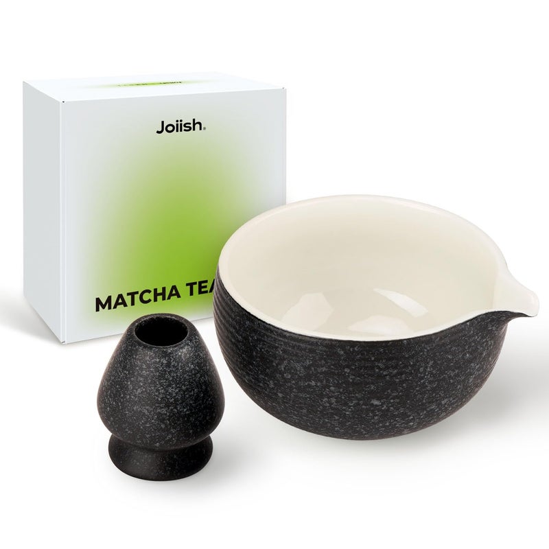 Joiish Matcha Bowl with Spout Ceramic Matcha Bowl and Whisk Holder Set Matcha Mixing Bowl for Whisking Matcha Charcoal Grey 18 Ounce