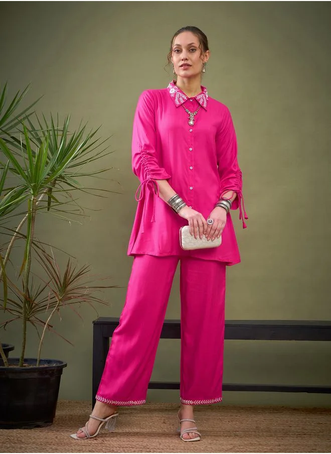SASSAFRAS Collar Embroidered Shirt & Palazzo Set by Styli