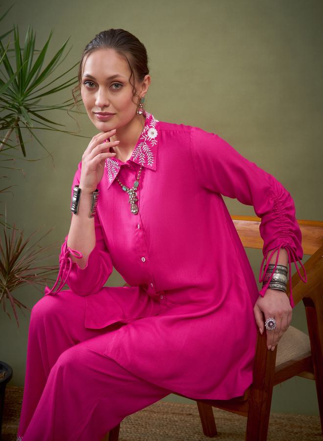 SASSAFRAS Collar Embroidered Shirt & Palazzo Set by Styli - Image 2