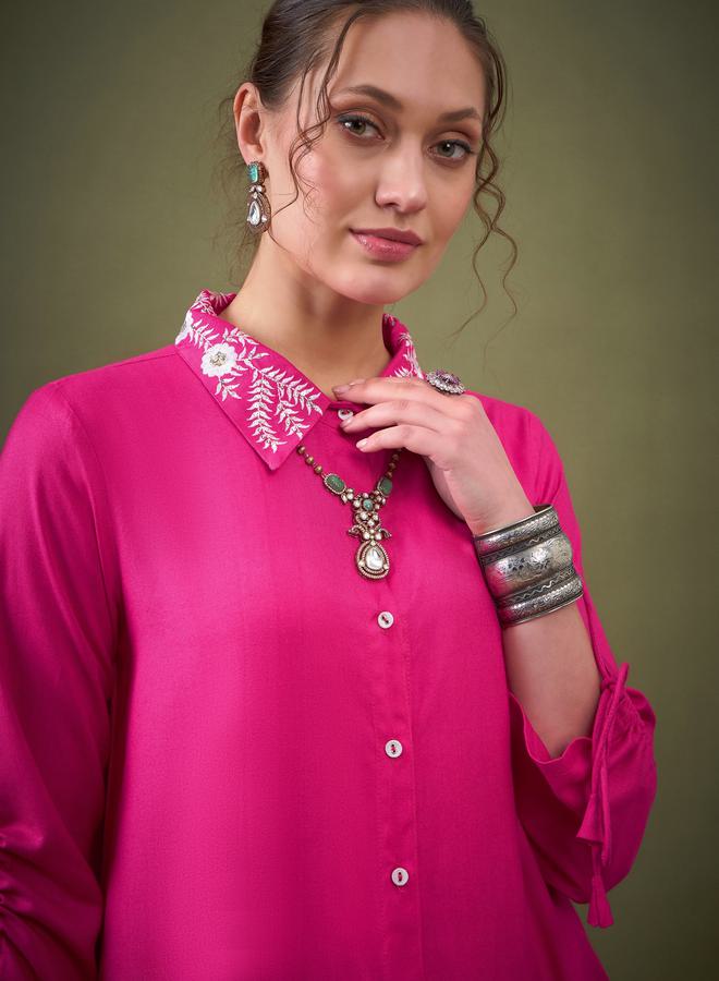 SASSAFRAS Collar Embroidered Shirt & Palazzo Set by Styli - Image 4