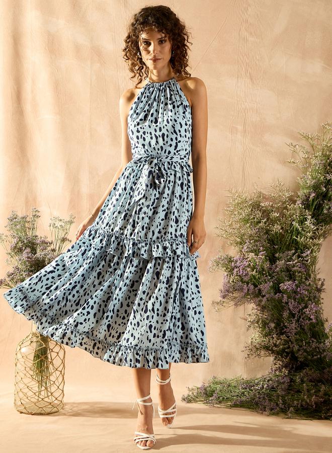 Kassually Kassually Spot Print Ruffled Midi Dress with Tie Belt  - Image 1