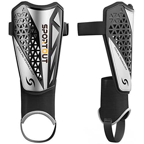 Sportout Soccer Shin Guards - Shin Guards Soccer Kids Youth Adult Protective Shin Pads with Sleeves and Insert Pocket for Boys Girls for Age 4-6, 6-8, 8-10,10-12,12-14,14-Adult (Silver Black, M) - Image 1