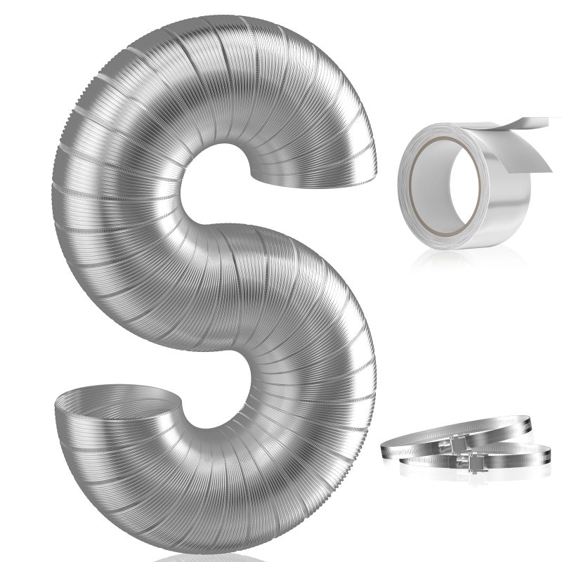 Hon&Guan 4-inch Semi Rigid Dryer Vent Hose, 8 Feet Flexible Aluminum Duct with 2 Clamps, and Aluminum Foil Tape - Image 1