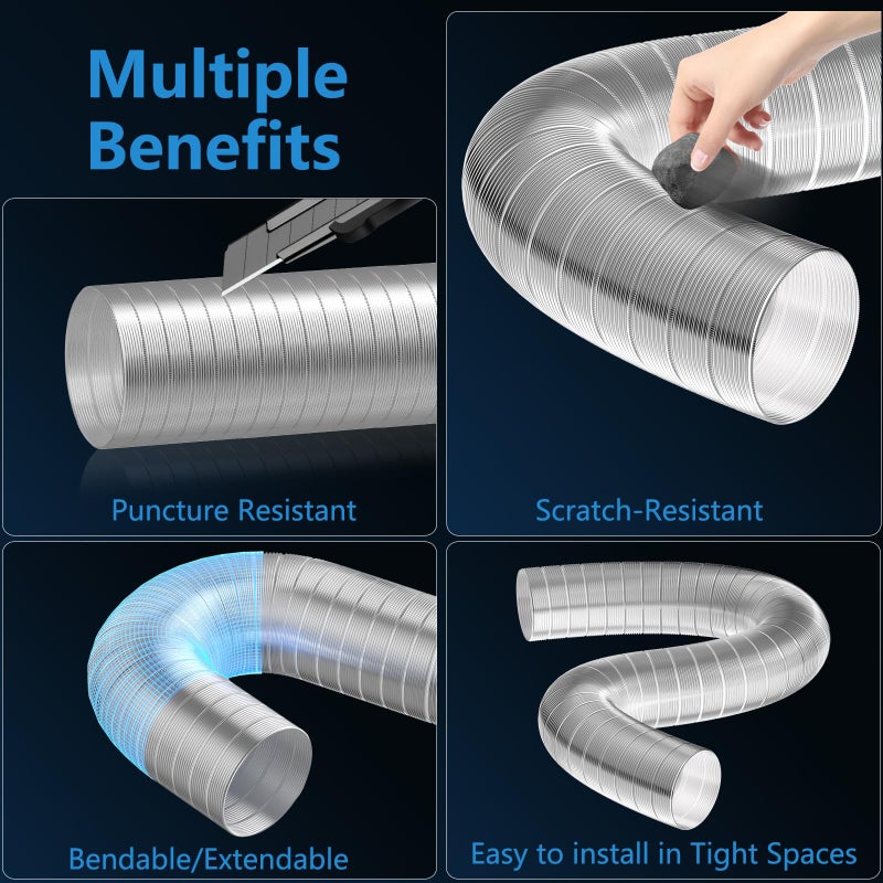 Hon&Guan 4-inch Semi Rigid Dryer Vent Hose, 8 Feet Flexible Aluminum Duct with 2 Clamps, and Aluminum Foil Tape - Image 3
