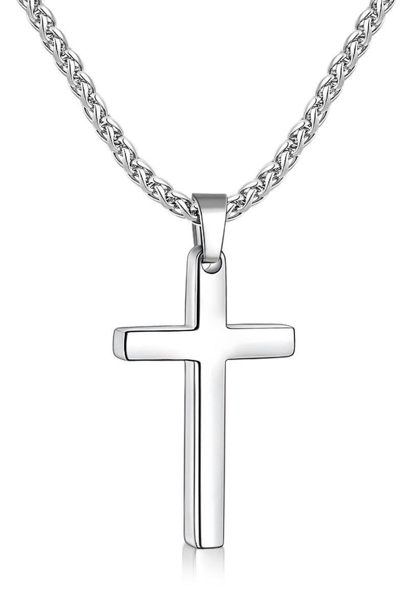Fiusem Cross Necklace for Men, 14K Silver Plated Mens Cross Necklaces with 2.5mm Chain, Stainless Steel Pendant Small, Wheat Chain 20" - Image 1