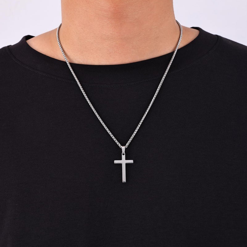 Fiusem Cross Necklace for Men, 14K Silver Plated Mens Cross Necklaces with 2.5mm Chain, Stainless Steel Pendant Small, Wheat Chain 20" - Image 3
