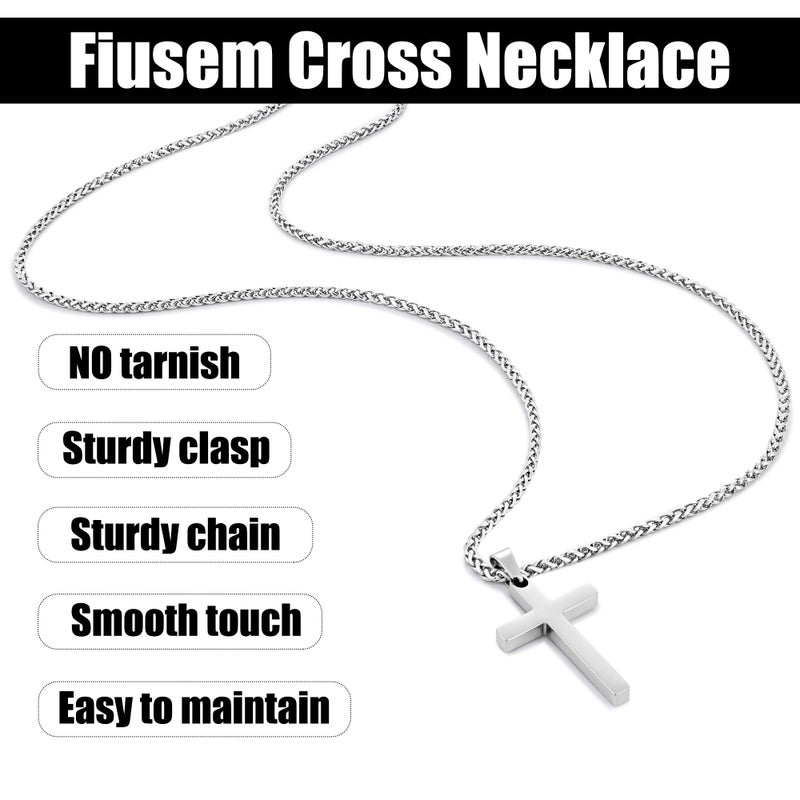 Fiusem Cross Necklace for Men, 14K Silver Plated Mens Cross Necklaces with 2.5mm Chain, Stainless Steel Pendant Small, Wheat Chain 20" - Image 5