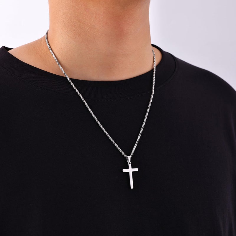 Fiusem Cross Necklace for Men, 14K Silver Plated Mens Cross Necklaces with 2.5mm Chain, Stainless Steel Pendant Small, Wheat Chain 20" - Image 2
