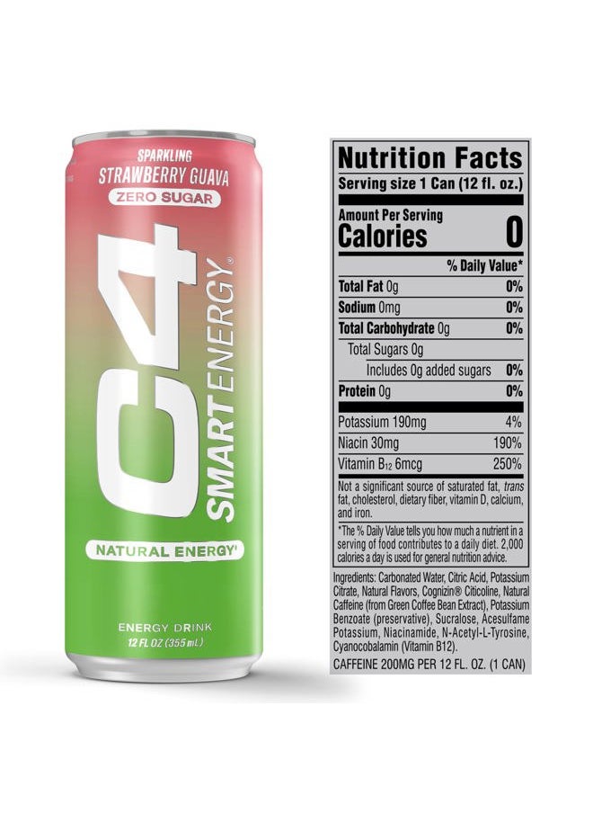CELLUCOR - C4 Smart Energy Drink - Sugar Free Performance Fuel & Nootropic Brain Booster, Coffee Substitute or Alternative | Strawberry Guava 12 Oz - 12 Pack - Image 1