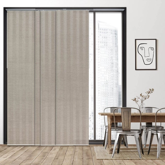 DELUXE ADJUSTABLE SLIDING PANEL TRACK BLIND 458 86 W X UP TO 96 H EXTENDABLE 4RAIL TRACK VERTICAL BLIND TRIMMABLE PLEATED NATURAL WOVEN FABRIC STRIPES PATTERN COTTONTAIL