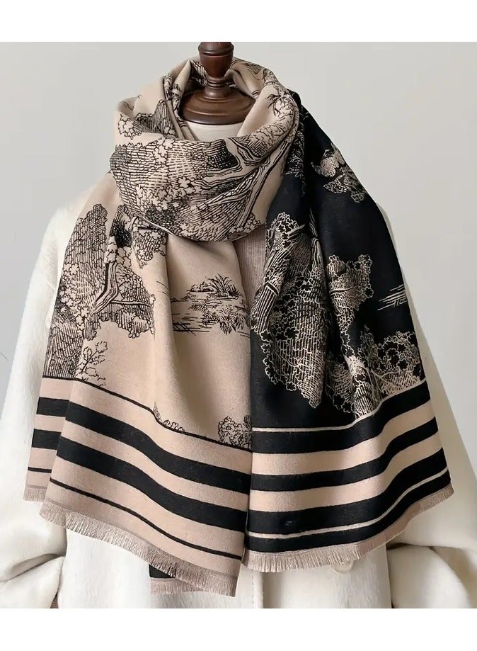 Boho Reversible Kashmiri Women's Scarf, Soft Kashmir-Cotton Blend Tree Pattern Shawl, Winter/Autumn Wind-Resistant Fringed Scarf, Black/Beige, 185x65 cm - Image 1