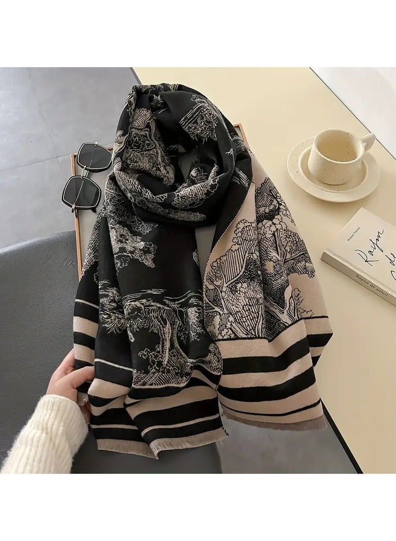 Boho Reversible Kashmiri Women's Scarf, Soft Kashmir-Cotton Blend Tree Pattern Shawl, Winter/Autumn Wind-Resistant Fringed Scarf, Black/Beige, 185x65 cm - Image 2