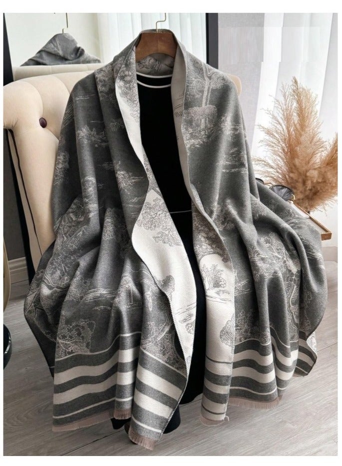 Boho Reversible Kashmiri Women's Scarf, Soft Kashmir-Cotton Blend Tree Pattern Shawl, Winter/Autumn Wind-Resistant Fringed Scarf, Black/Beige, 185x65 cm - Image 5