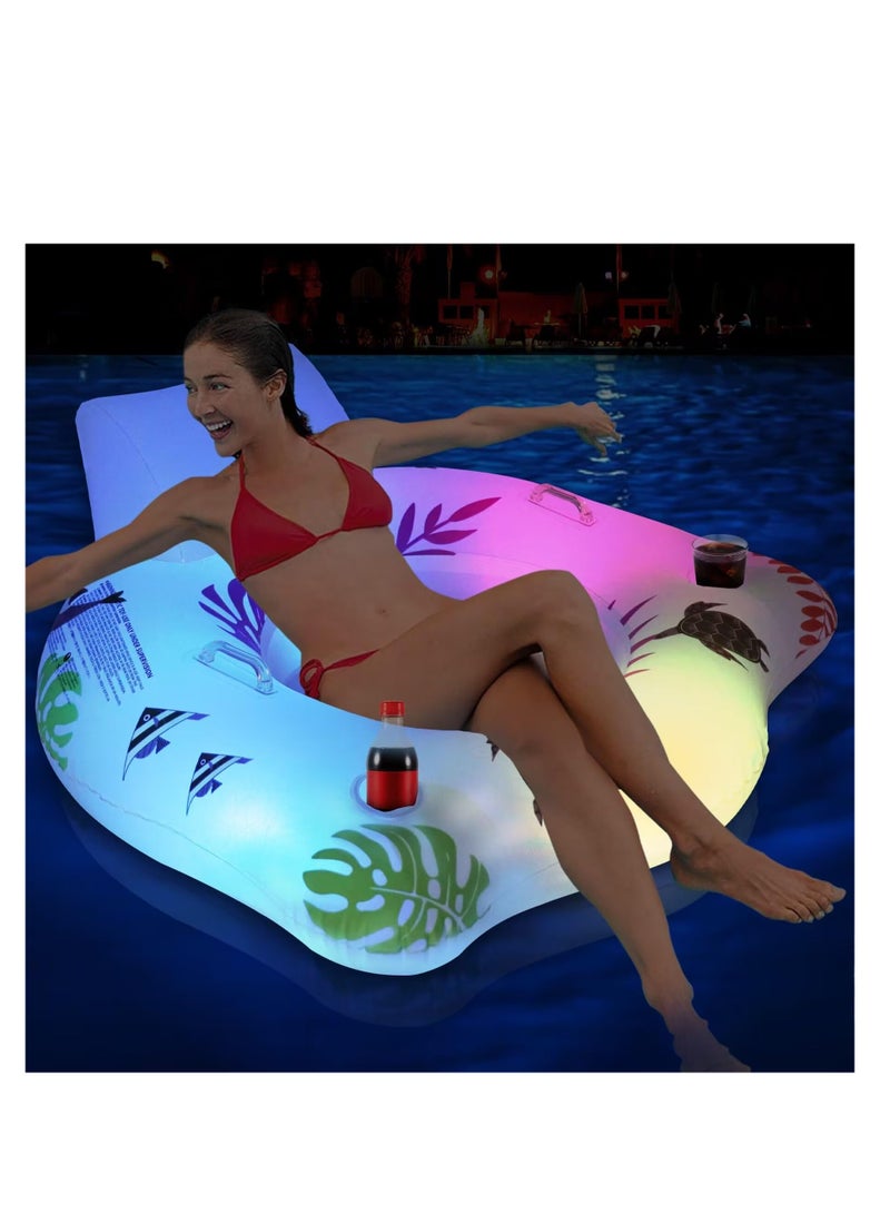 SYOSI Solar Inflatable Pool Floats with Colorful Lights, Light Up Pool Floaties for Adults, Large Pool Float Chairs with 2 Cup Holders & 2 Handles, Swimming Pool Tubes Floaties for Party, Pool Raft - Image 1