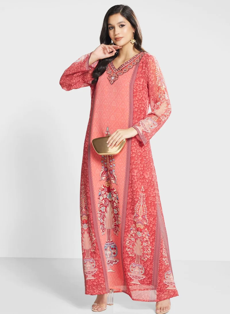 Biba V-Neck Floral Printed Jalabiya