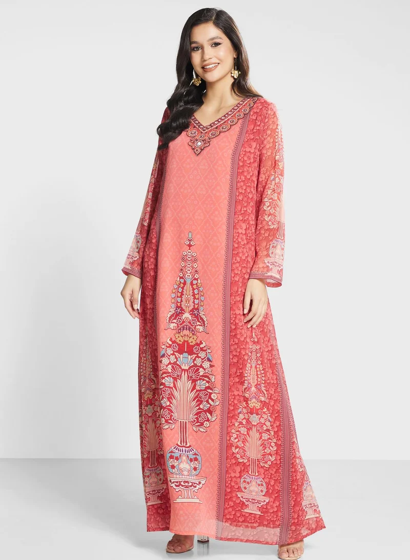 Biba V-Neck Floral Printed Jalabiya