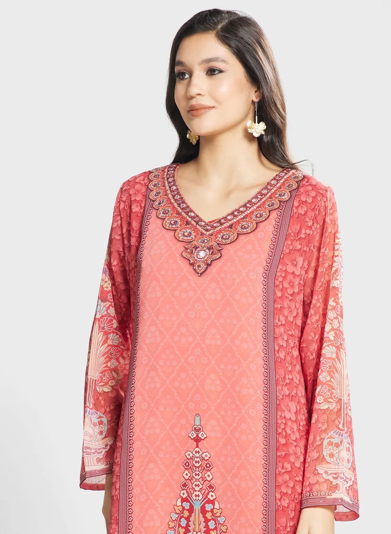 Biba V-Neck Floral Printed Jalabiya