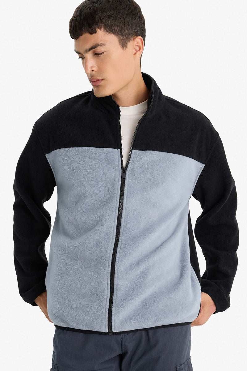 DeFacto Black Man Relax Fit Half Turtleneck Zip Up Fleece Cardigan Casual - Image 1