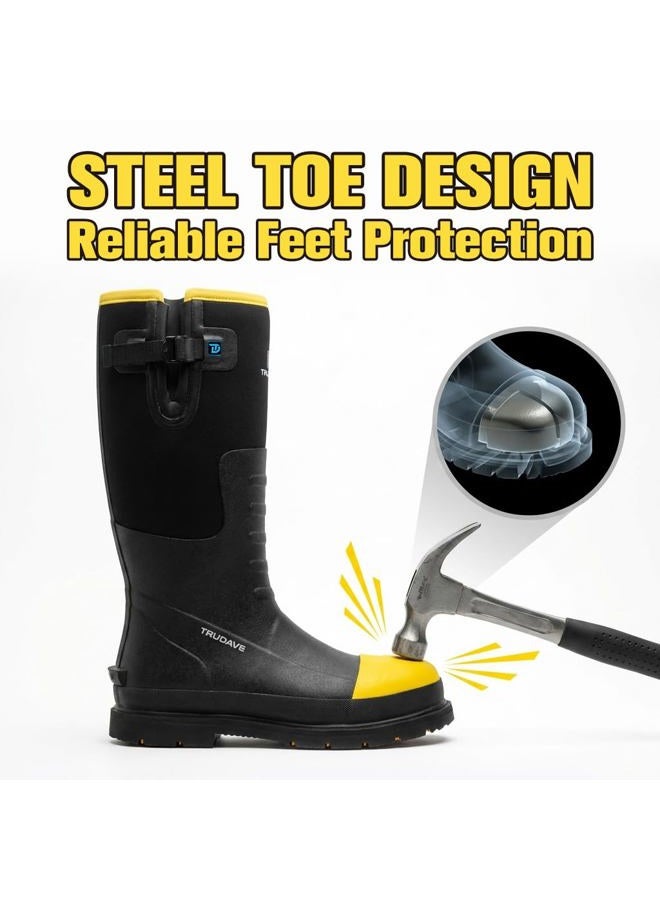 Trudave Rubber Work Boots for Men with Steel Toe & Shank, Waterproof Anti Slip Mud Rain Boots, 6mm Neoprene Warm Outdoor Hunting Boots, Durable Black Rubber Boot for Manufacturing, Construction, Size - Image 2