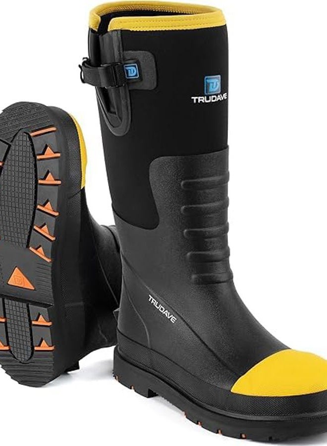 Trudave Rubber Work Boots for Men with Steel Toe & Shank, Waterproof Anti Slip Mud Rain Boots, 6mm Neoprene Warm Outdoor Hunting Boots, Durable Black Rubber Boot for Manufacturing, Construction, Size - Image 1