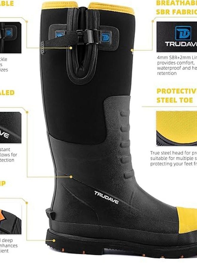 Trudave Rubber Work Boots for Men with Steel Toe & Shank, Waterproof Anti Slip Mud Rain Boots, 6mm Neoprene Warm Outdoor Hunting Boots, Durable Black Rubber Boot for Manufacturing, Construction, Size - Image 5