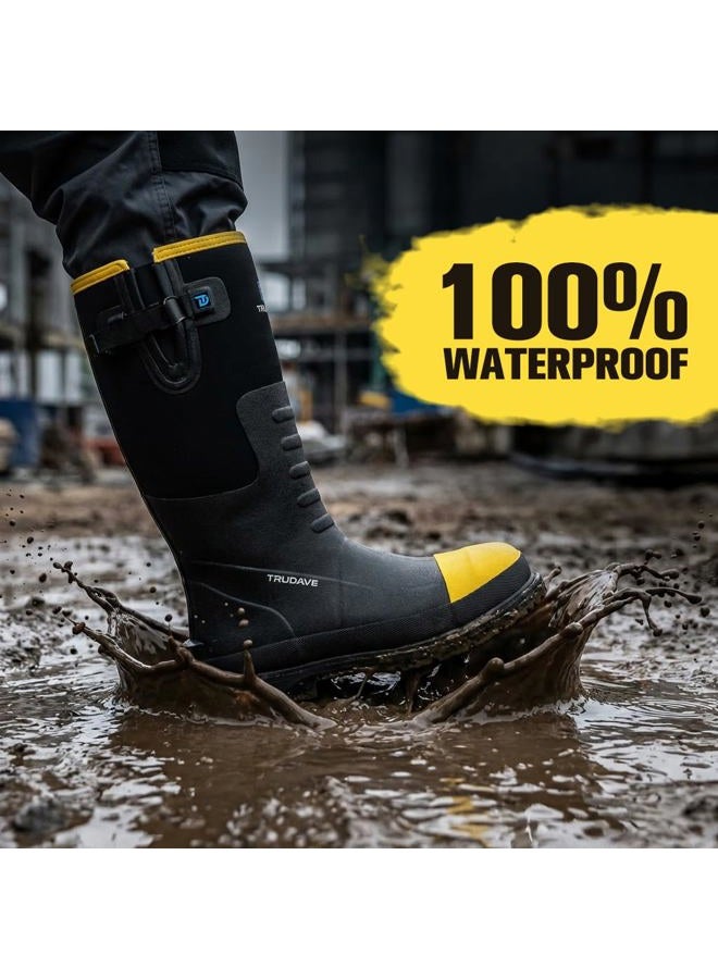 Trudave Rubber Work Boots for Men with Steel Toe & Shank, Waterproof Anti Slip Mud Rain Boots, 6mm Neoprene Warm Outdoor Hunting Boots, Durable Black Rubber Boot for Manufacturing, Construction, Size - Image 3
