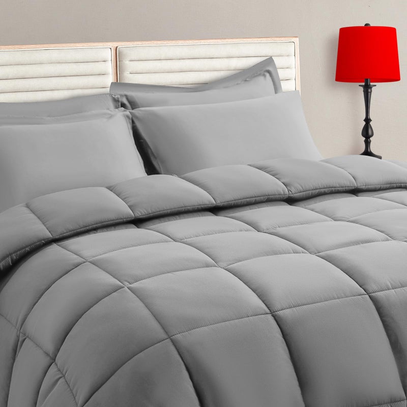 TAIMIT Grey Full Size Comforter Set - 7 Pieces, Bed in a Bag Bedding Sets with All Season Soft Quilted Warm Fluffy Reversible Comforter,Flat Sheet,Fitted Sheet,2 Pillow Shams,2 Pillowcases,Gray - Image 1