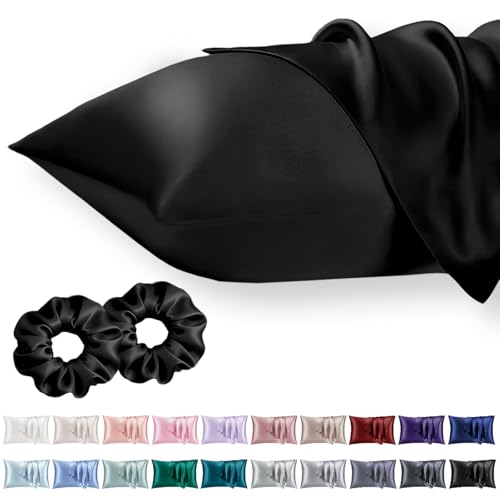Vielit Queen Satin Pillowcase for Hair 2pcSimilar to Silk Pillow CasesEasier Care Than Silk PillowcaseGifts for Women MenBlack20x30 Envelope Closure and 2 Satin Scrunchies - Image 1