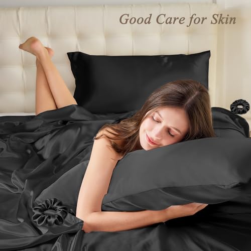 Vielit Queen Satin Pillowcase for Hair 2pcSimilar to Silk Pillow CasesEasier Care Than Silk PillowcaseGifts for Women MenBlack20x30 Envelope Closure and 2 Satin Scrunchies - Image 3