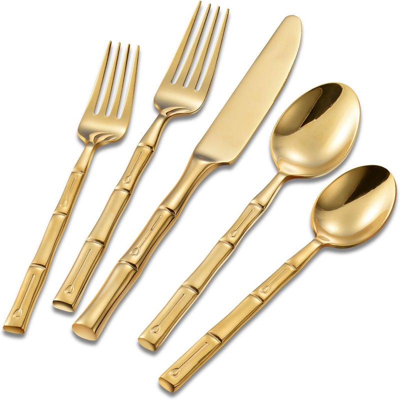 Flatasy Flatware Set Gold Silverware Set Stainless Steel Bamboo Handle Cutlery Set Mirror Polished 40 Pieces for Home Kitchen Restaurant Hotel Wedding Housewarming Gift Service for 8 - Image 1