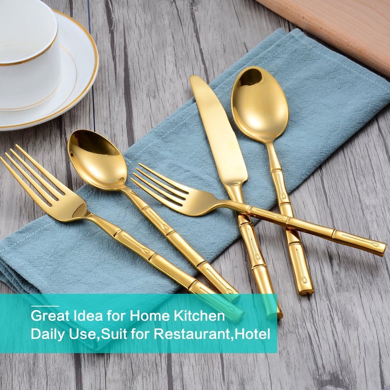Flatasy Flatware Set Gold Silverware Set Stainless Steel Bamboo Handle Cutlery Set Mirror Polished 40 Pieces for Home Kitchen Restaurant Hotel Wedding Housewarming Gift Service for 8 - Image 2