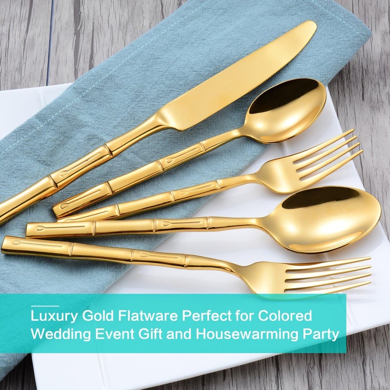 Flatasy Flatware Set Gold Silverware Set Stainless Steel Bamboo Handle Cutlery Set Mirror Polished 40 Pieces for Home Kitchen Restaurant Hotel Wedding Housewarming Gift Service for 8 - Image 3