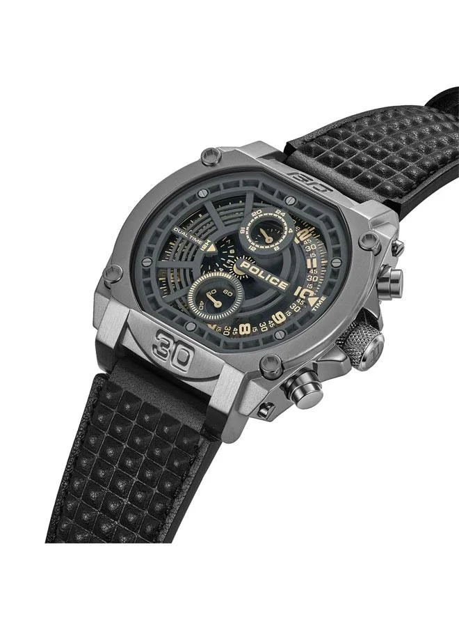 POLICE Norwood Cool Grey Dial Black Leather Strap Multifunction Watch for Men - 45mm