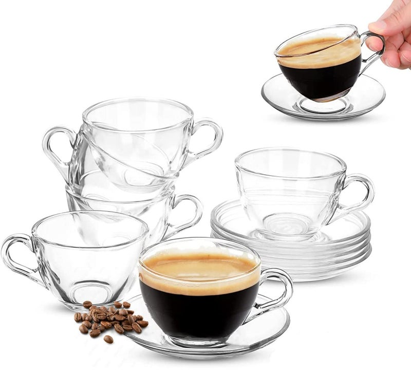 bellemax Premium Classic Glass Tea & Coffee Cup and Saucer (6 Cups and 6 Saucers) - 250 ML, for Transparent Espresso Cappuccino hot Chocolate, Cups and Saucer Set for Coffee, Green Tea (BS-02) - Image 1