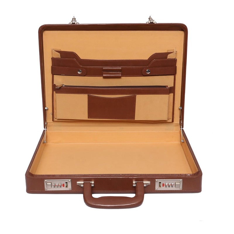 OBANI Tan Faux Leather Briefcase | Business Travel Document Suitcase | Adjustable Number Lock | Multiple Pockets - Image 3