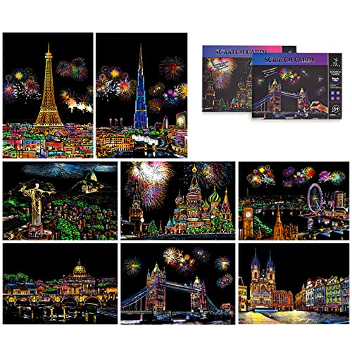 Niewalda Scratch Painting Scratch Cards A4 for Kids Adults 8pcs Scratch Art for Adults Rainbow Paint by Scratch Paper Engraving Art Set Beautiful City - Image 1
